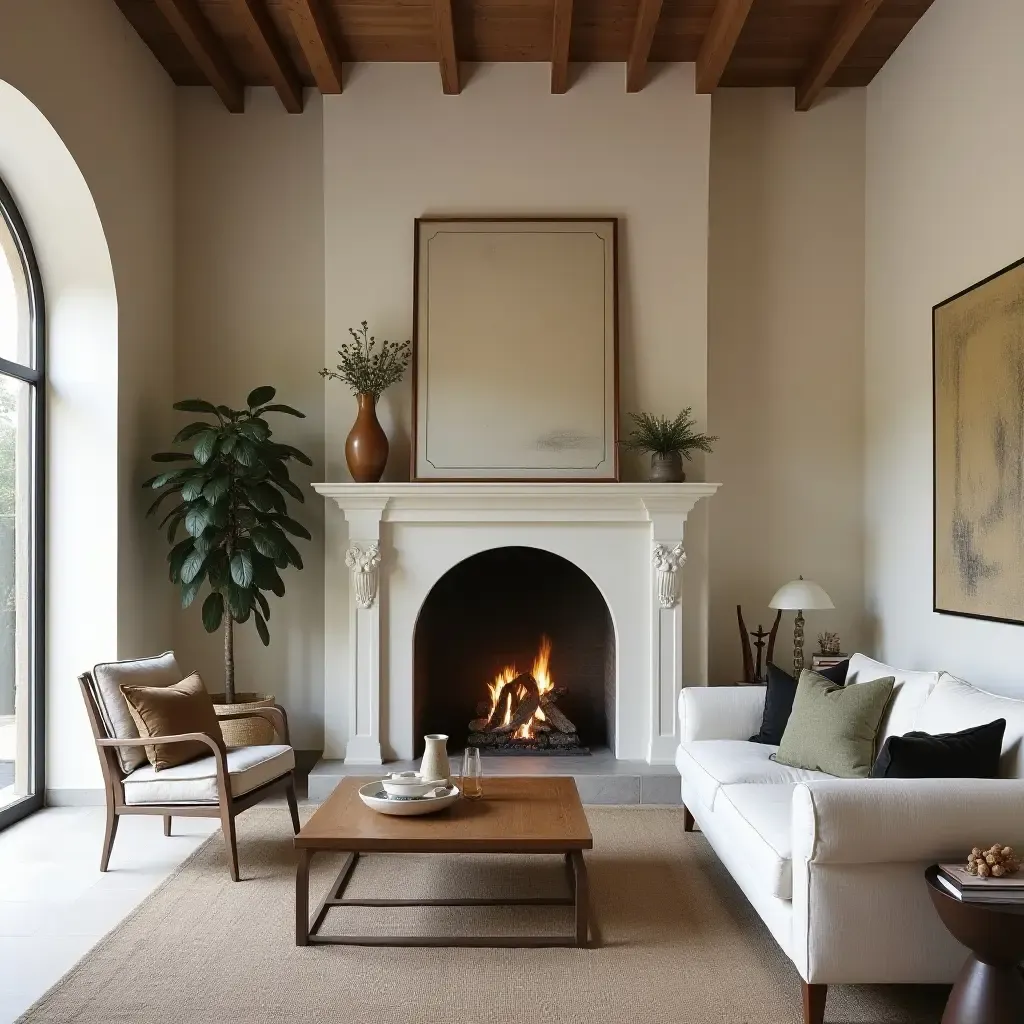 a photo of a living room with a Mediterranean-style fireplace and decor