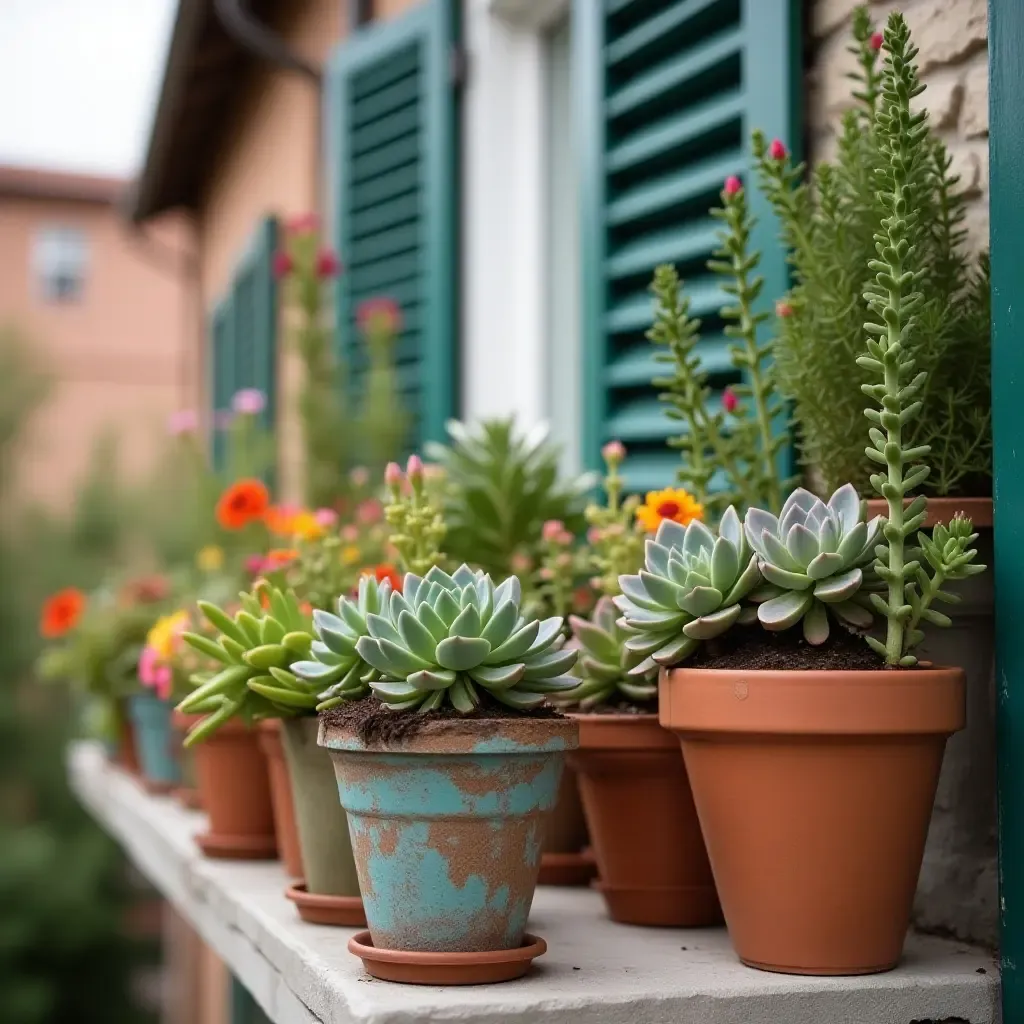 a photo of a balcony adorned with colorful succulents and matching pots