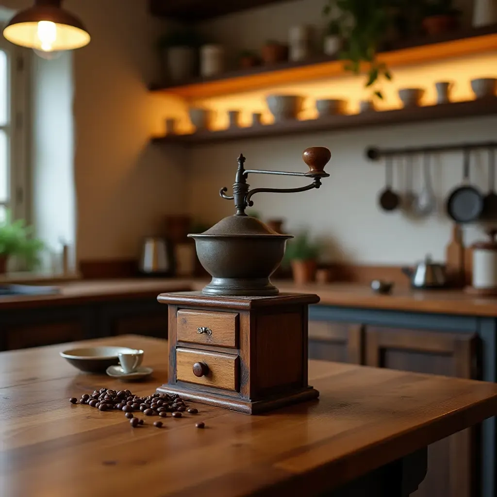 a photo of a kitchen showcasing a vintage Mediterranean coffee grinder