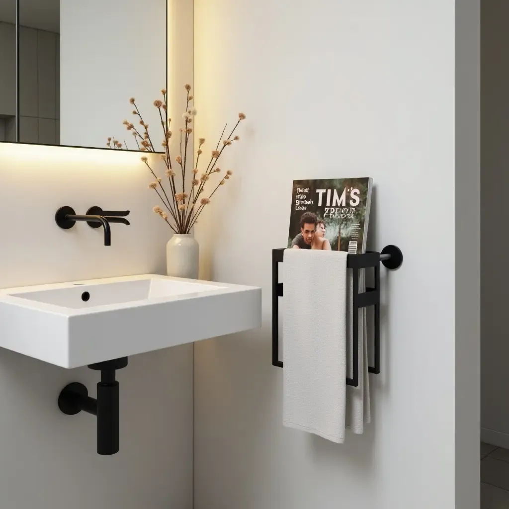 a photo of a bathroom with a stylish magazine holder