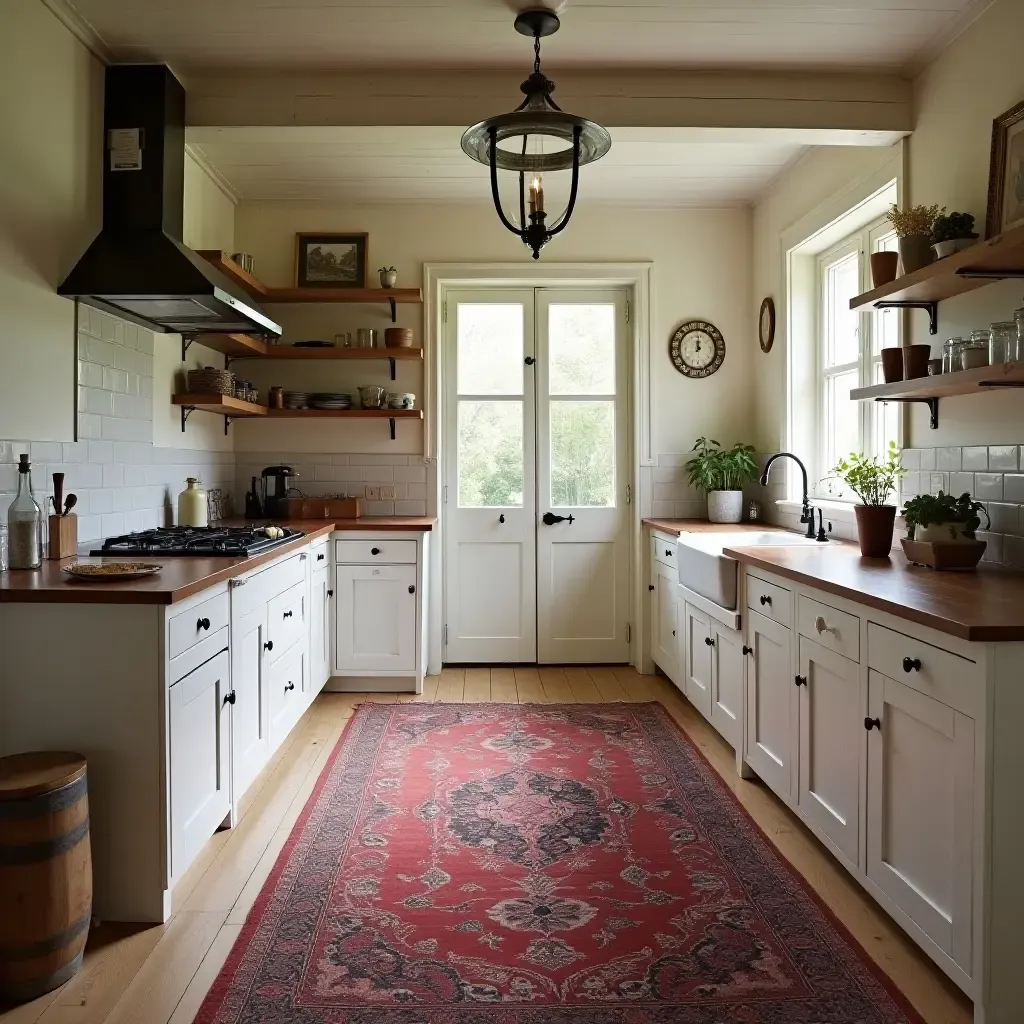 a photo of a farmhouse kitchen adorned with a vintage Persian rug