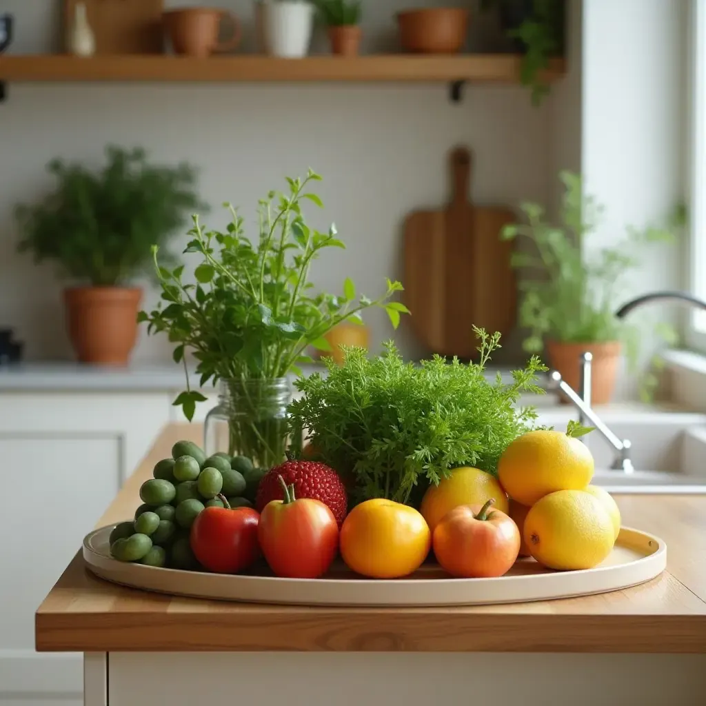 a photo of a kitchen with a decorative fruit and herb combo