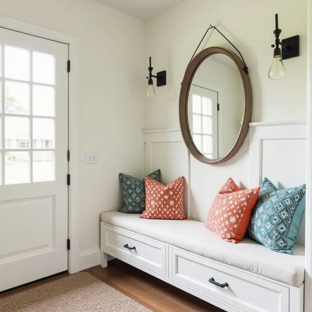 a photo of a stylish entryway with a built-in bench and colorful cushions