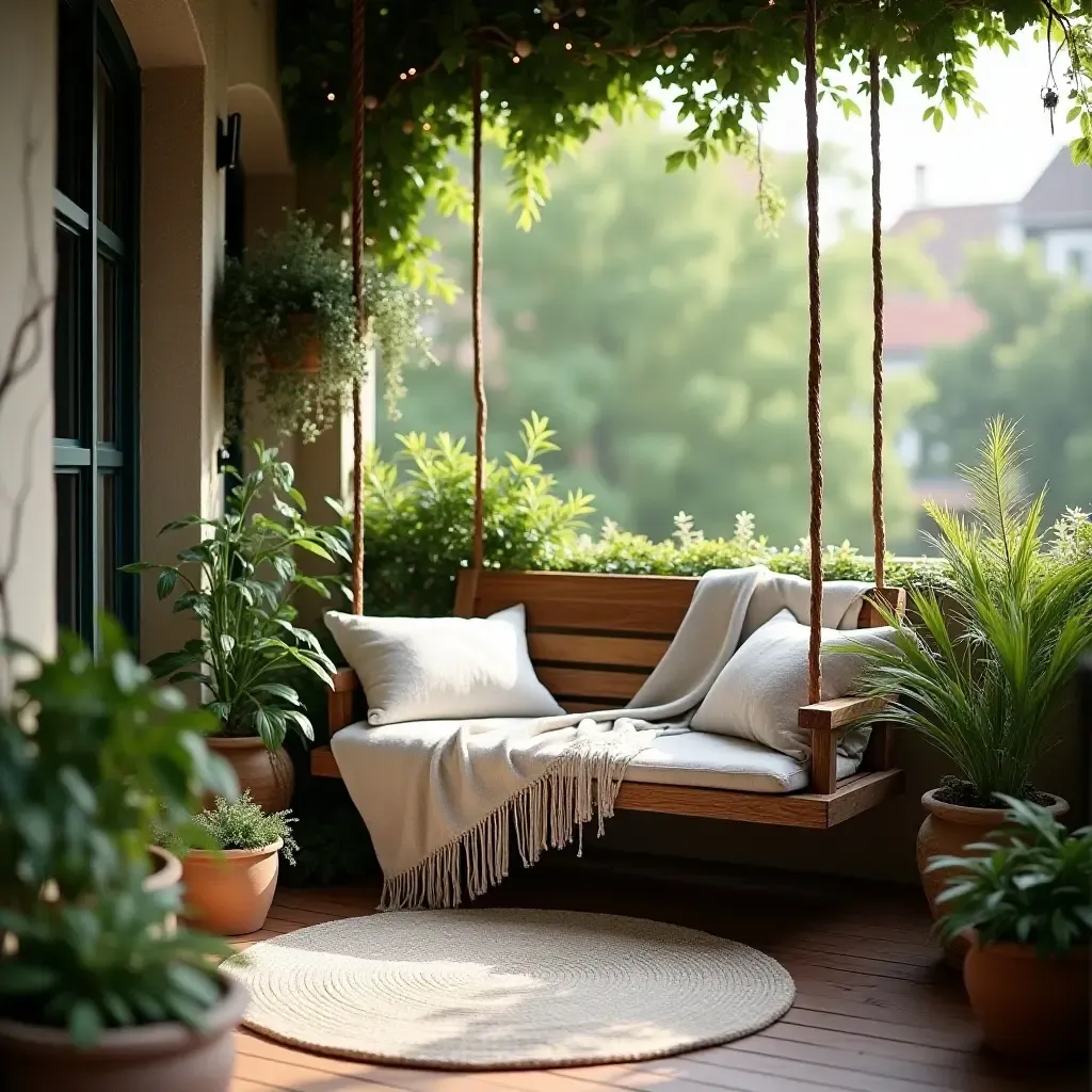 a photo of a balcony with a comfortable swing and lush plants