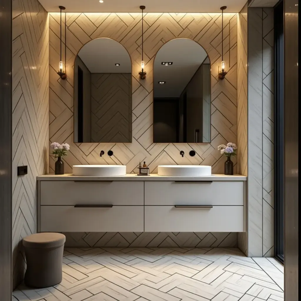 a photo of a stylish bathroom with herringbone patterned tiles and elegant lighting