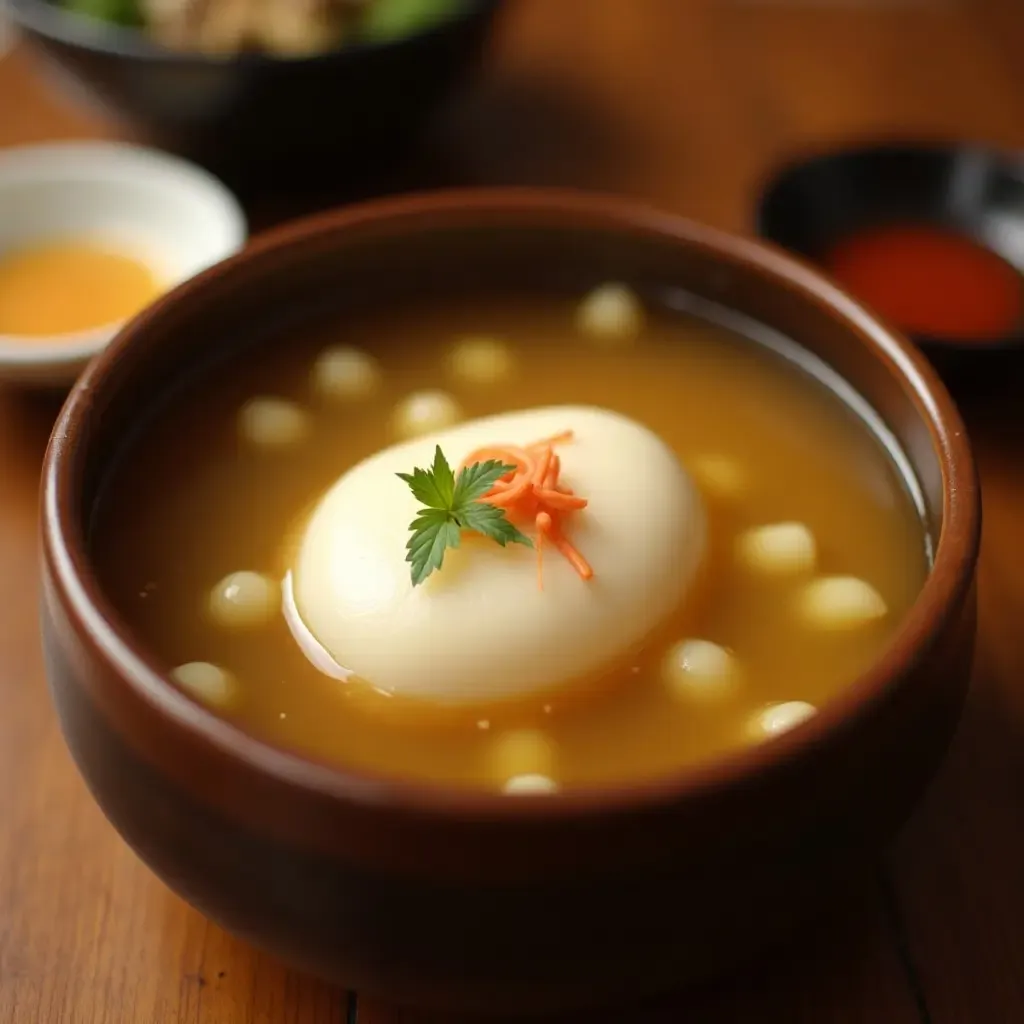 a photo of a warm serving of yudofu with soft tofu in a delicate broth.