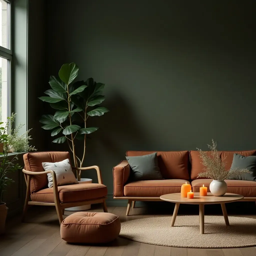 a photo of a serene living room with dark green plants and burnt orange candle holders