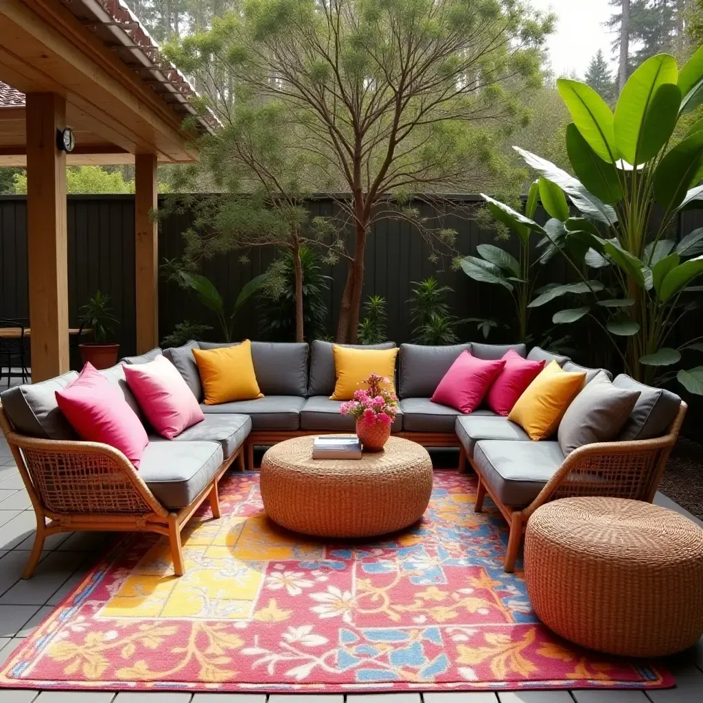 a photo of a vibrant lounge area with outdoor rugs and colorful cushions