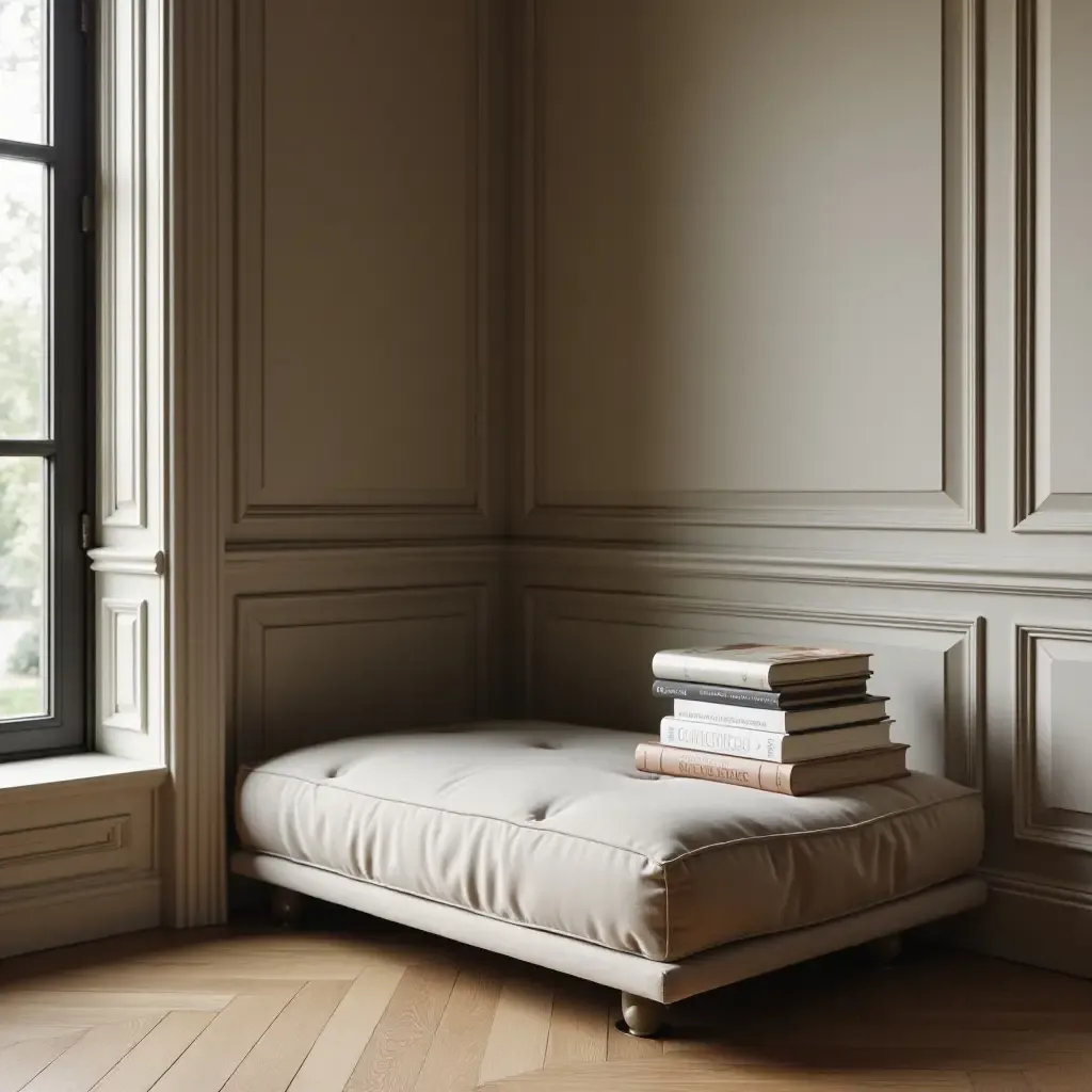 a photo of an inviting corner with marble side table and elegant books