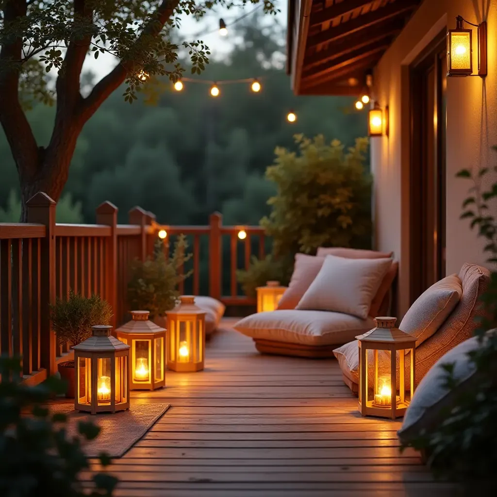 a photo of a balcony decorated with wooden lanterns and cushions