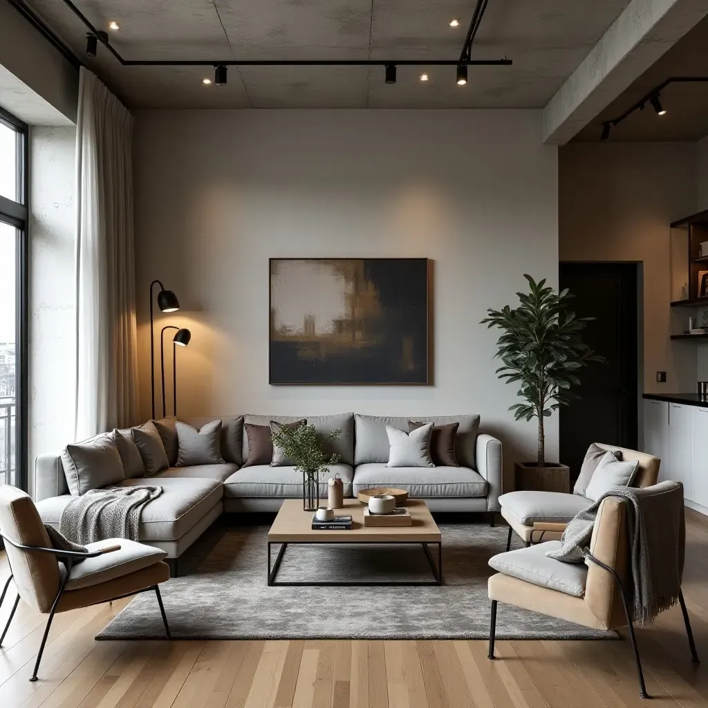 a photo of a stylish urban living room with industrial elements