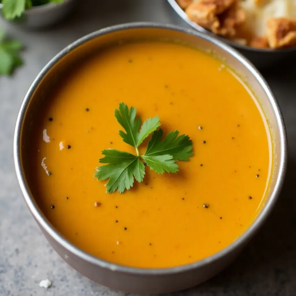 a photo of creamy lentil dal garnished with fresh cilantro and ghee.