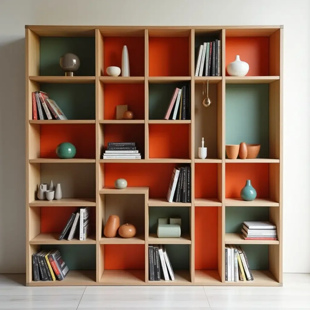 a photo of an artistic bookshelf design with asymmetrical shelves and bold colors