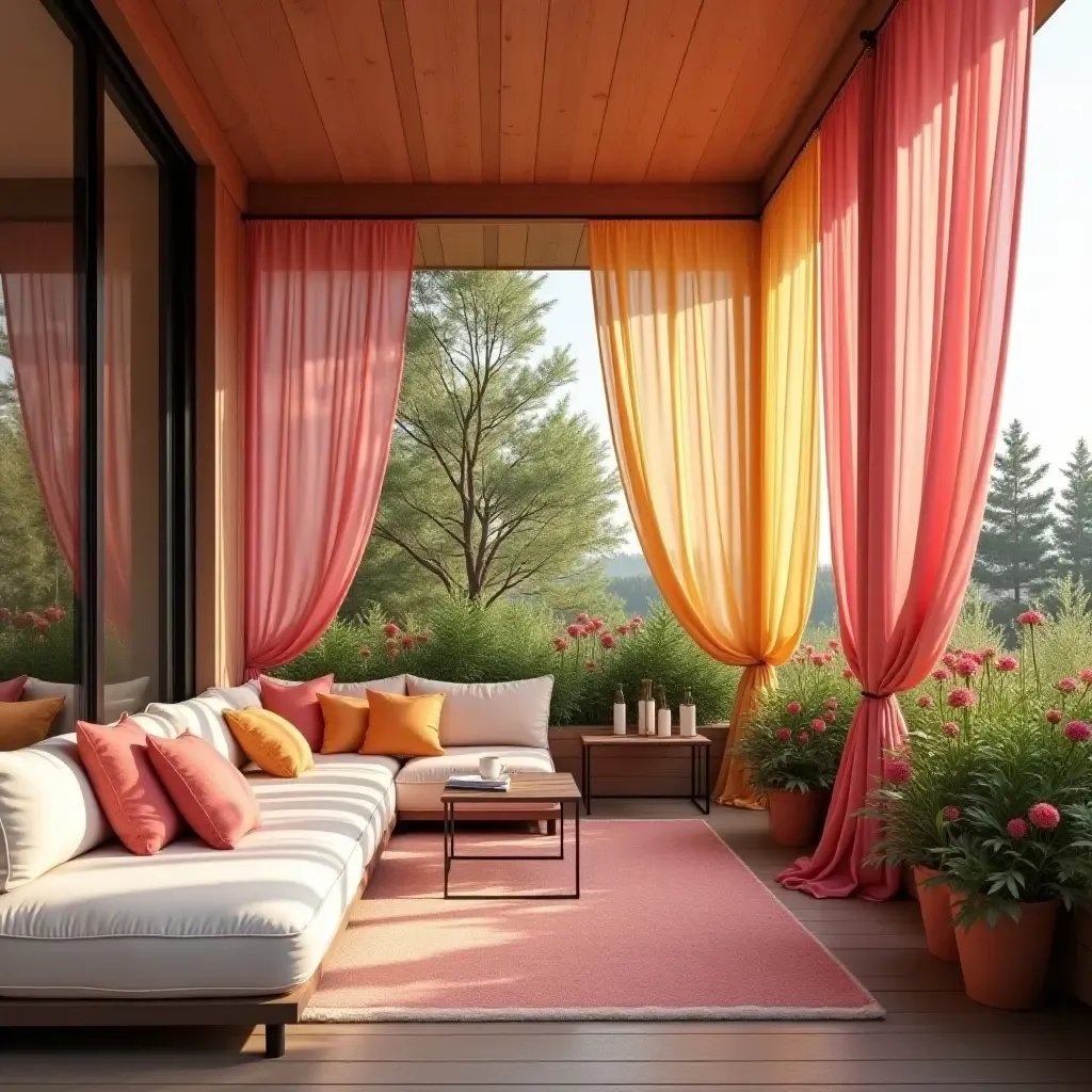 a photo of a balcony adorned with colorful fabric drapes and cushions