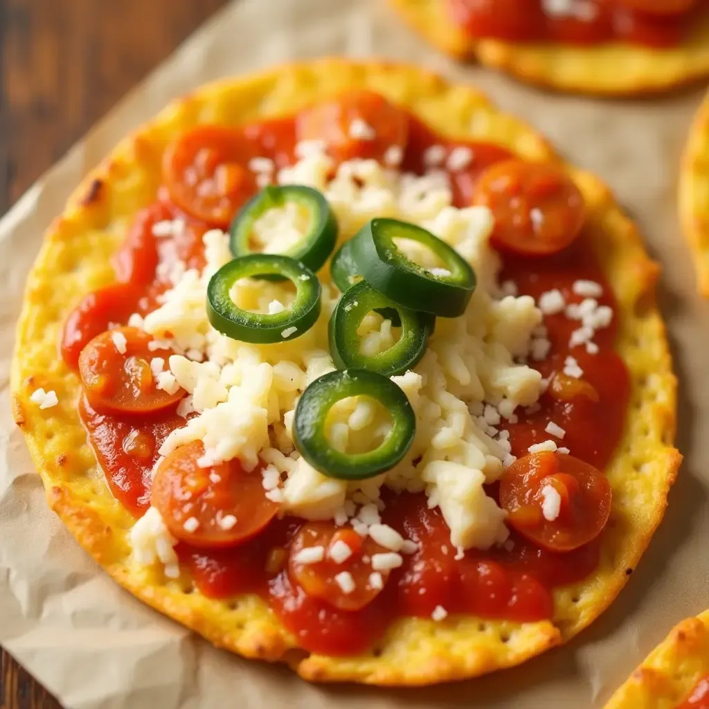 a photo of corn tortilla pizza with tomato sauce, veggies, and melted mozzarella.