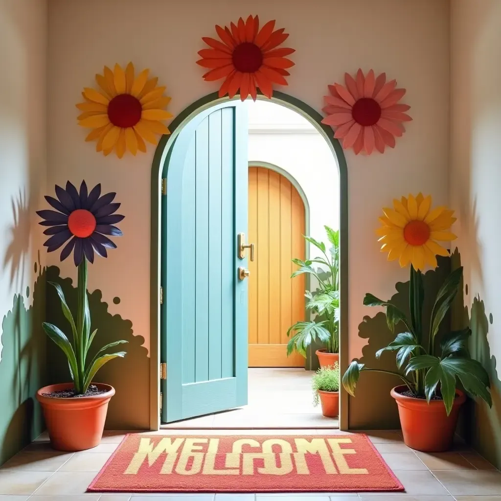 a photo of a playful entrance hall adorned with oversized flowers and a whimsical welcome mat