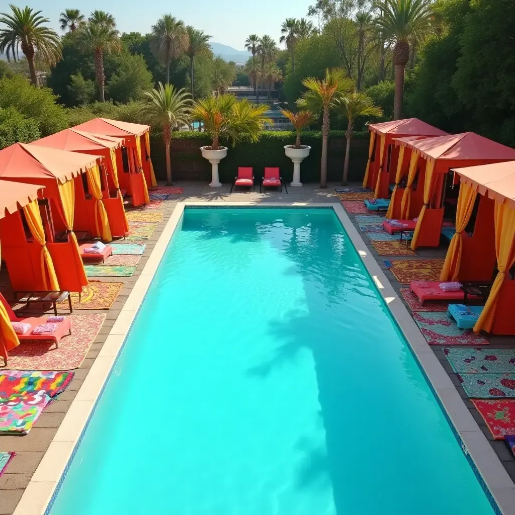 a photo of a vibrant pool surrounded by colorful cabanas and patterned rugs