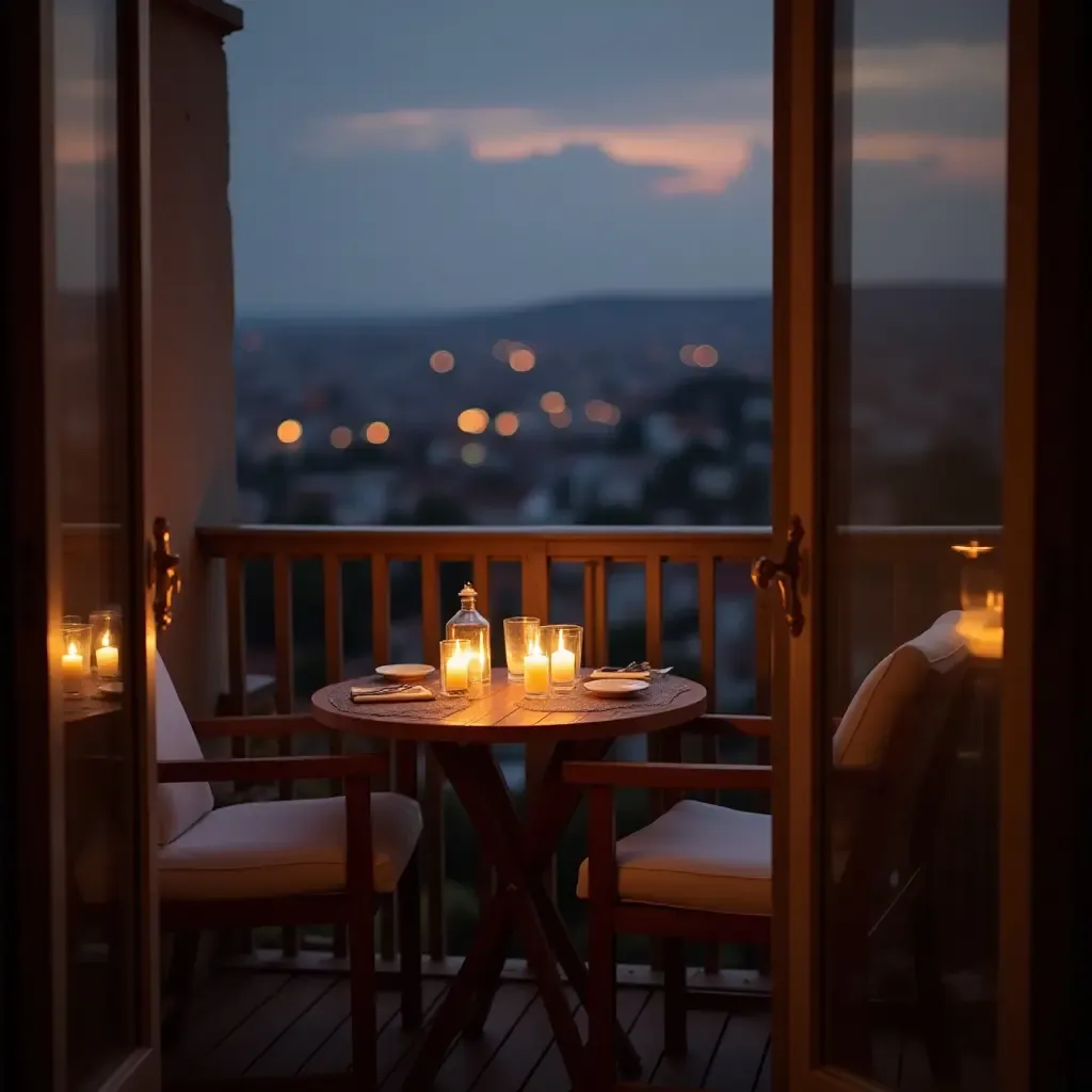 a photo of a romantic balcony with a two-person table and candles