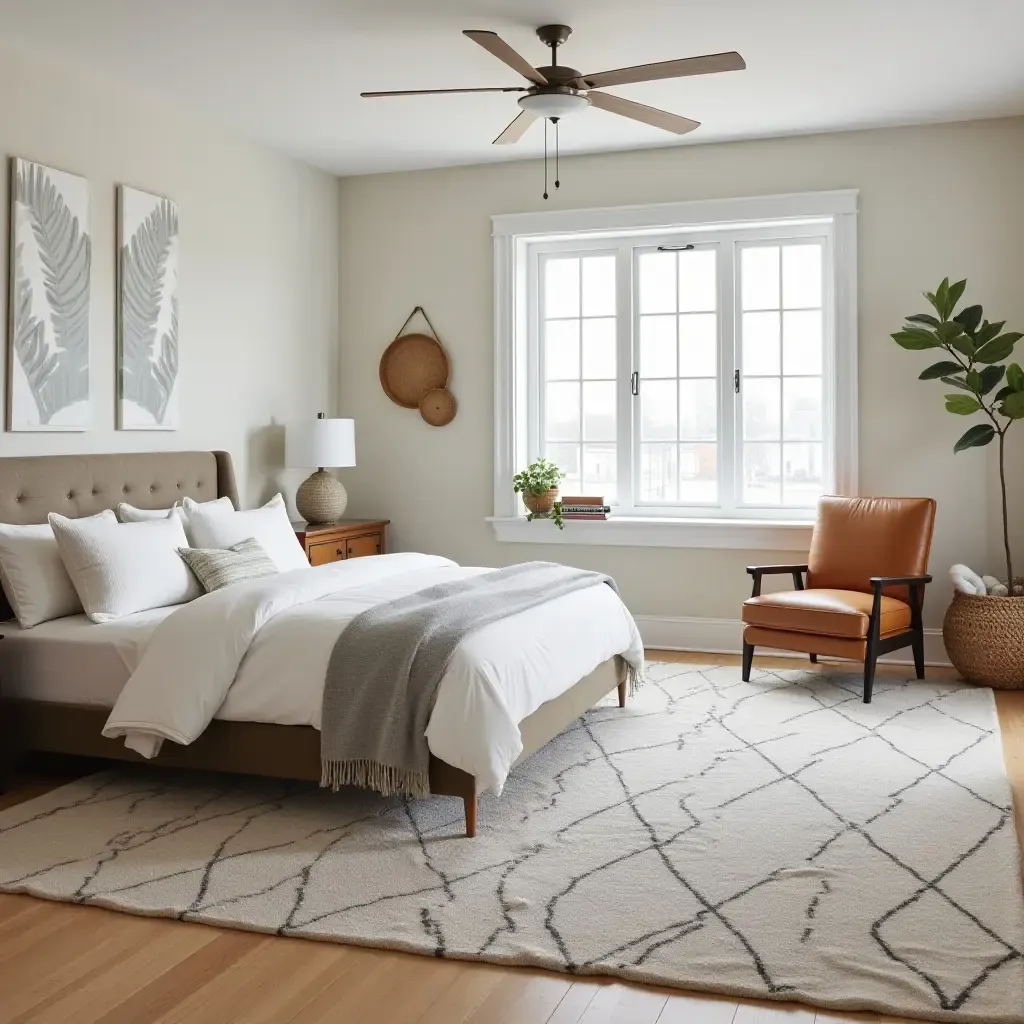 a photo of a layered rug arrangement in a stylish bedroom