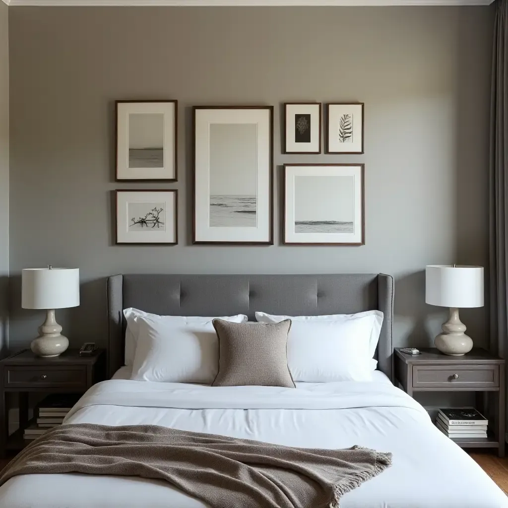 a photo of a grey headboard complemented by a gallery wall of framed art