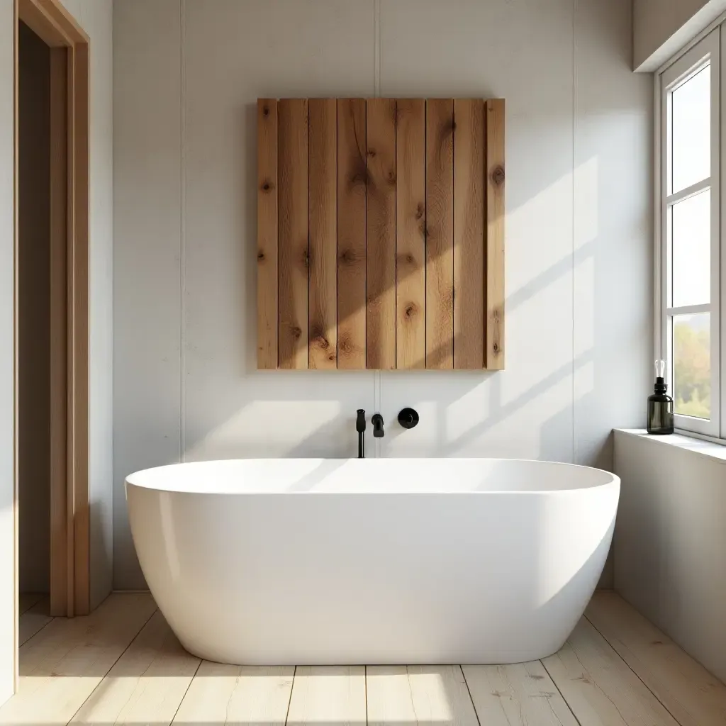 a photo of a wooden wall art piece adding character to a bathroom