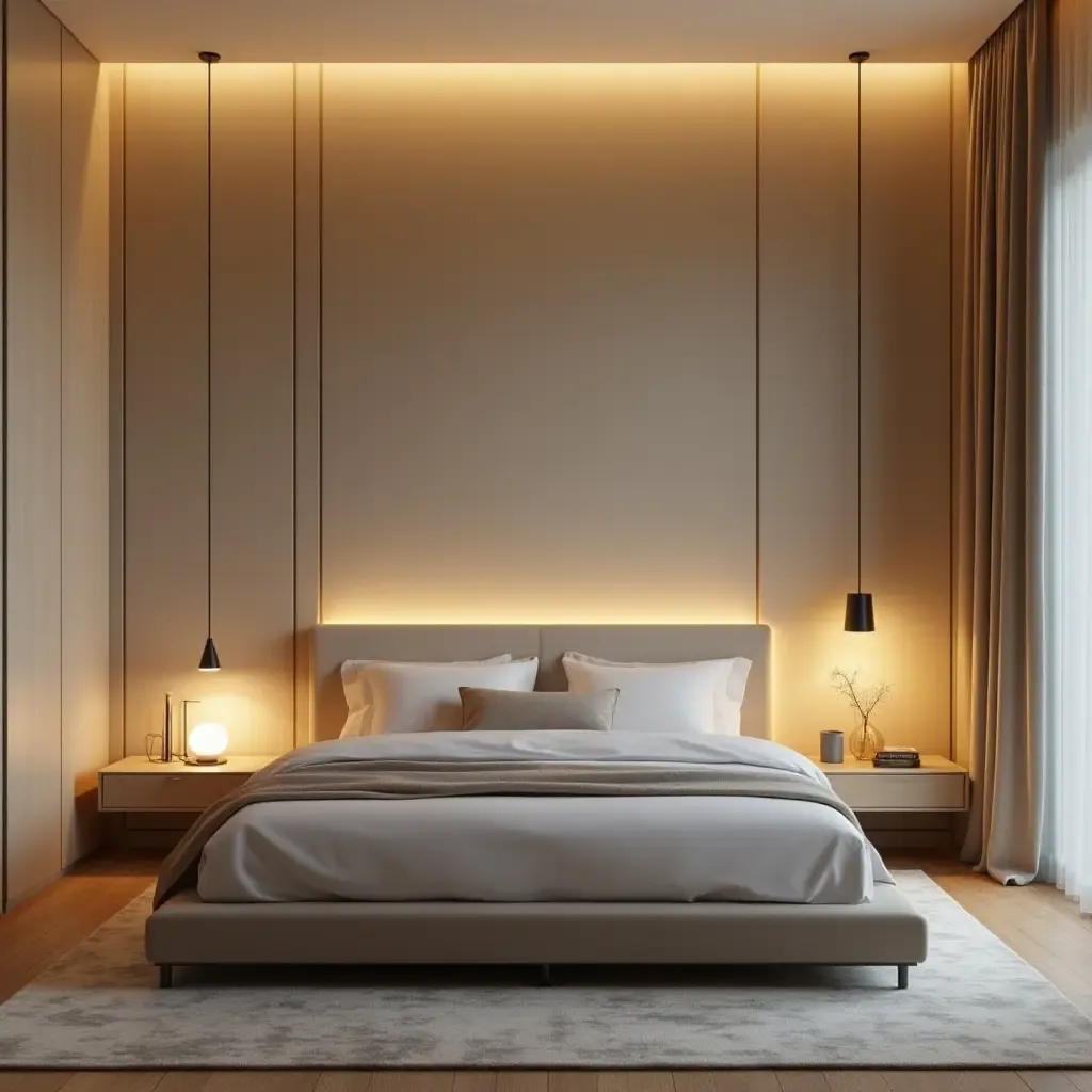 a photo of a modern bedroom featuring a minimalist bed and warm lighting