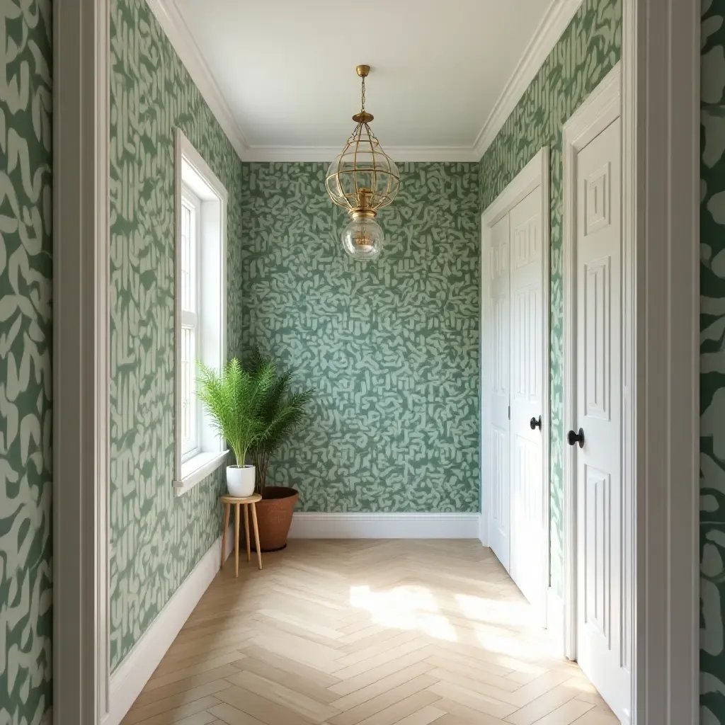 a photo of a corridor with a unique plant-themed wallpaper