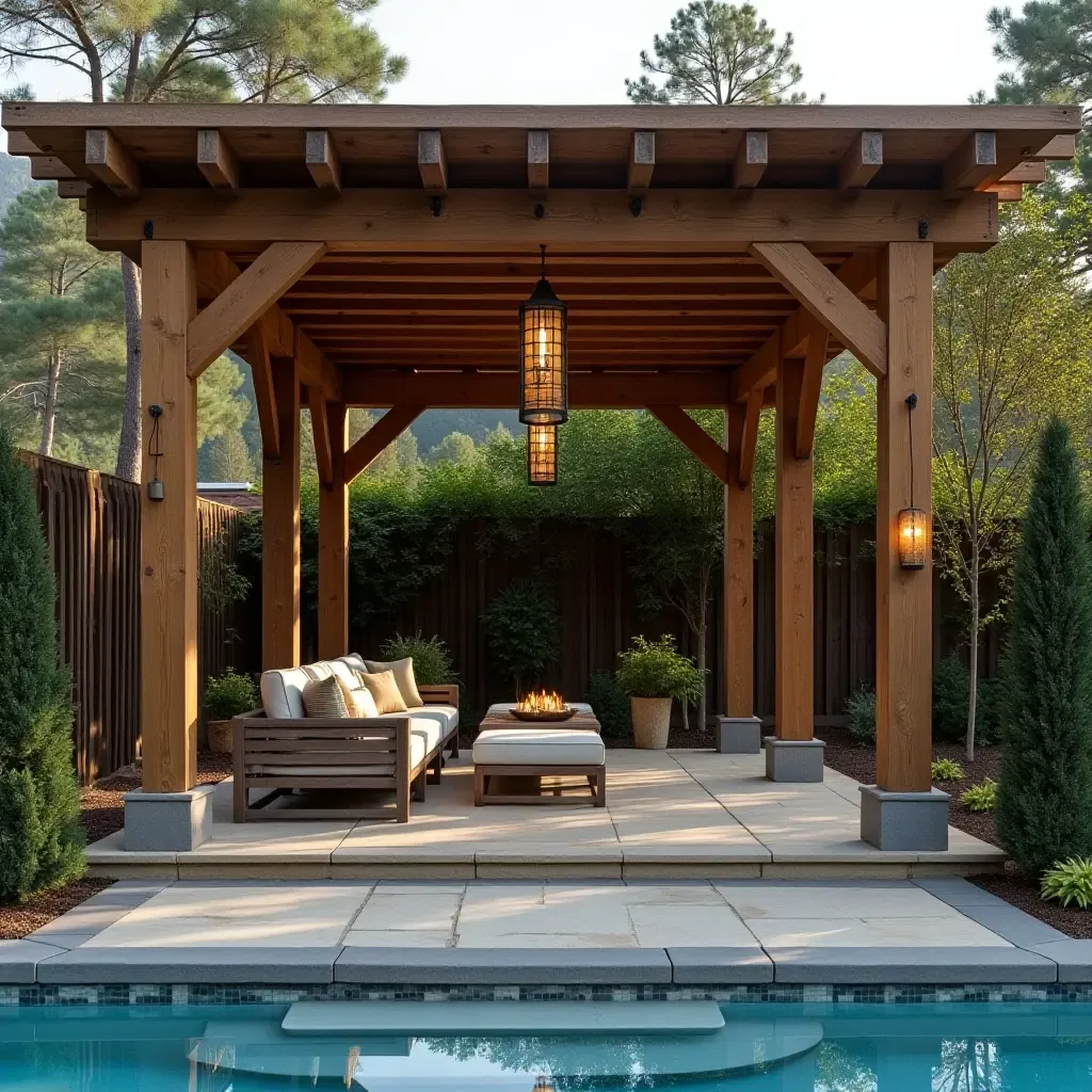 a photo of a rustic wooden pergola over a pool with hanging lanterns