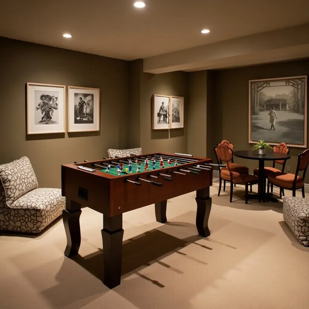 a photo of a basement game area with a foosball table and bean bags