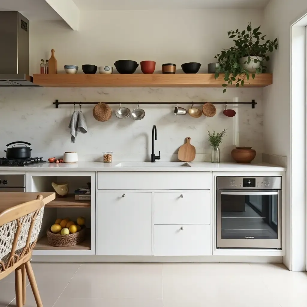 a photo of a modern boho kitchen featuring open shelving and colorful dishware