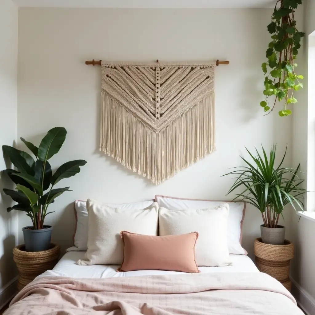 a photo of a bohemian bedroom featuring macramé wall hangings and potted plants