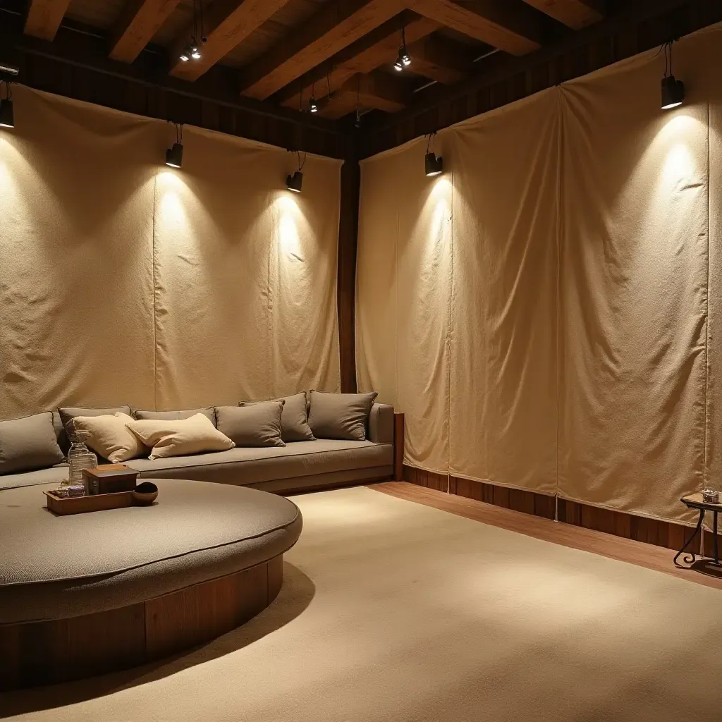 a photo of a basement wall covered in fabric for a cozy feel