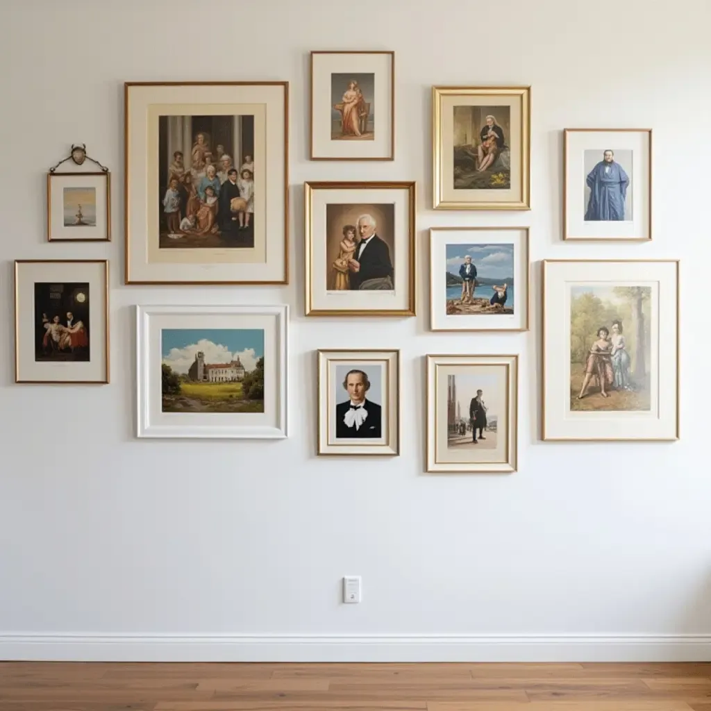 a photo of a colorful gallery wall filled with framed art and photographs