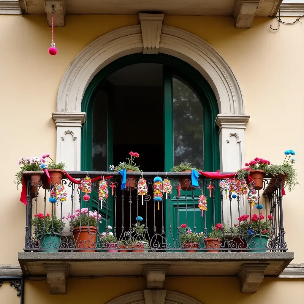 a photo of a balcony adorned with colorful wind chimes and hanging decorations