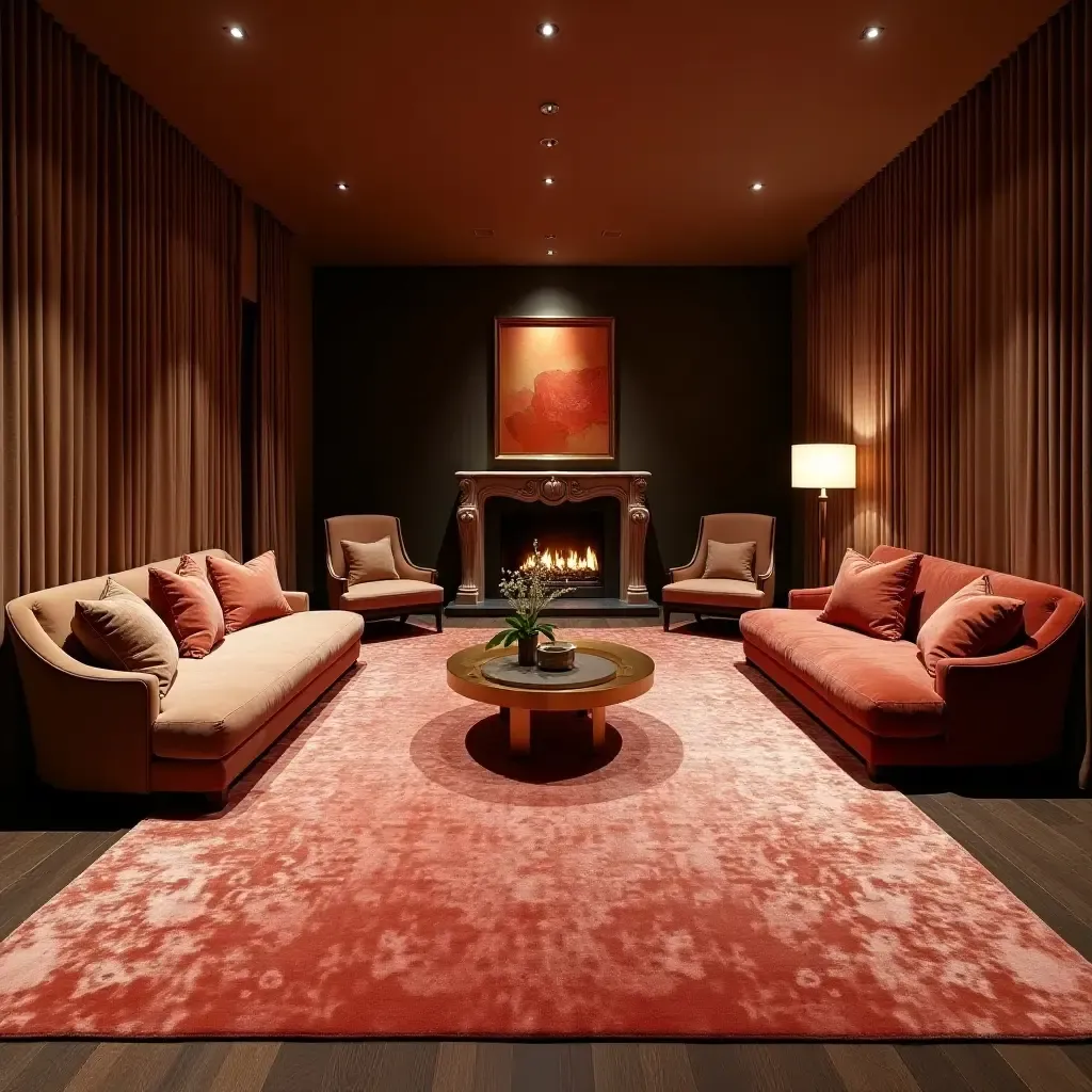 a photo of a luxurious, silk rug in an elegant basement lounge