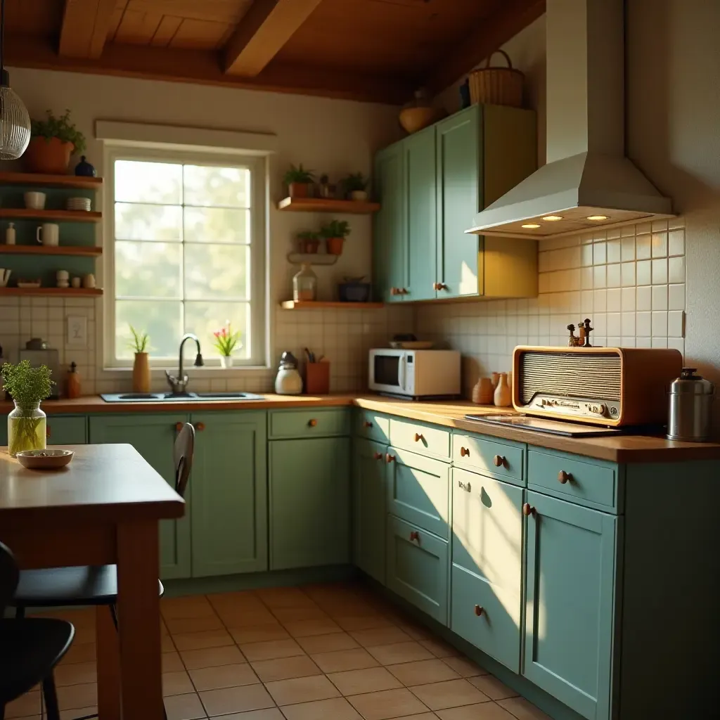 a photo of a charming kitchen with a vintage radio playing softly