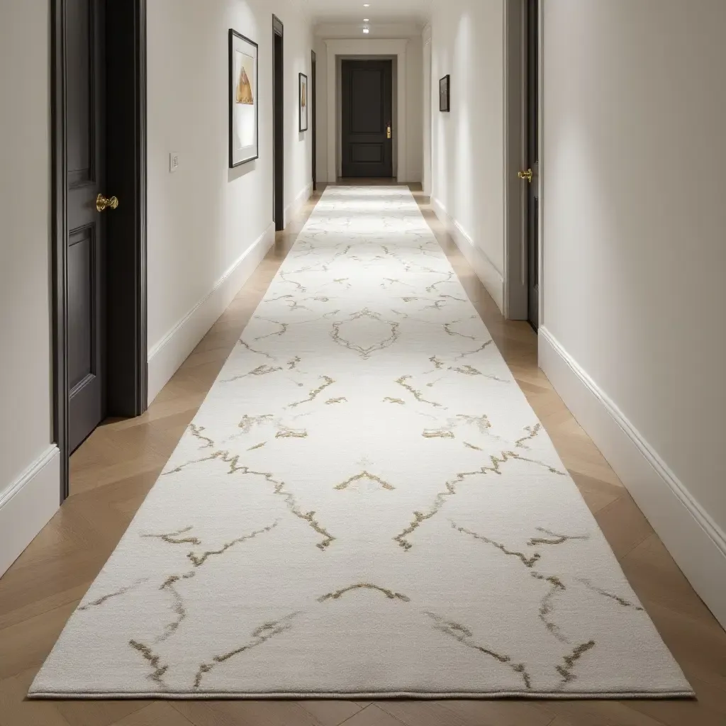 a photo of a sleek, modern rug with metallic accents in a hallway