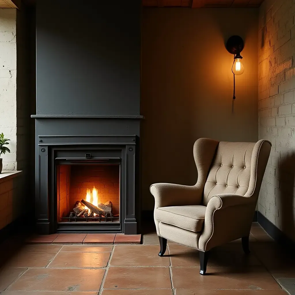 a photo of a retro armchair next to a fireplace in a basement