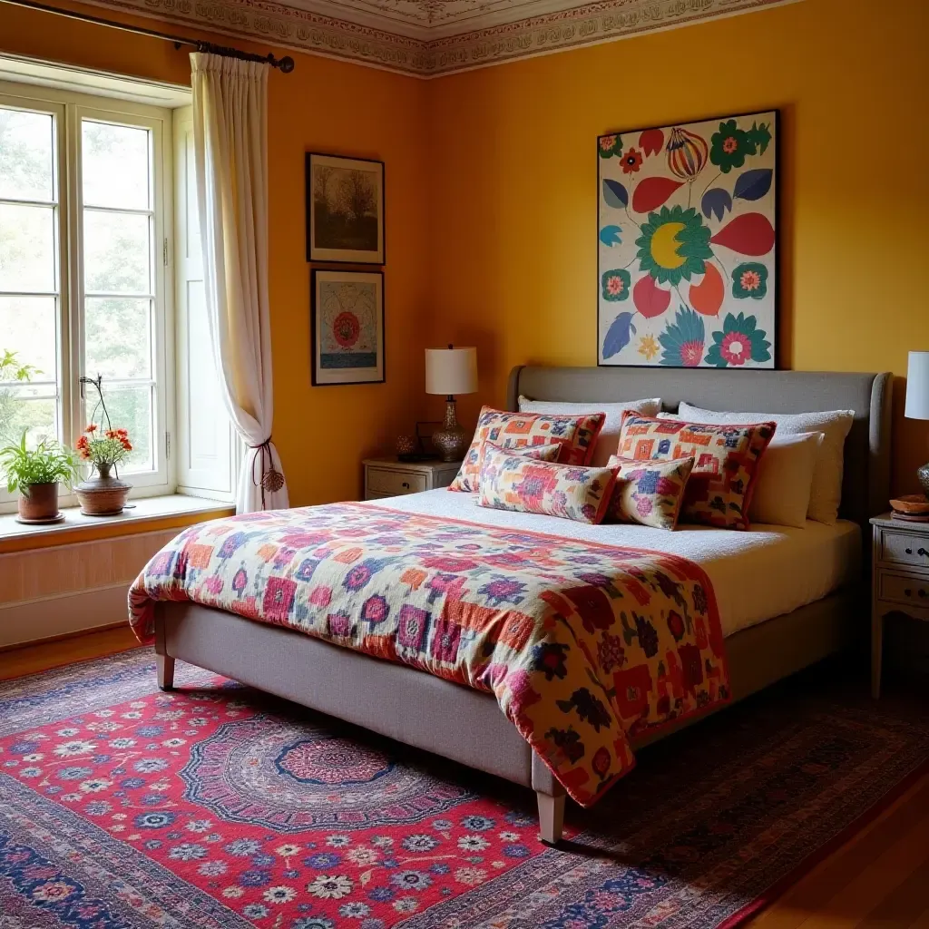 a photo of a vibrant bedroom with colorful rugs and patterned pillows