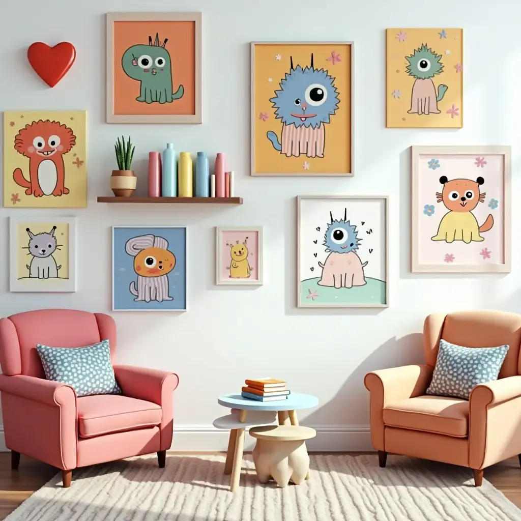 a photo of a whimsical gallery wall with cartoon art and bright colors in a playful teen room