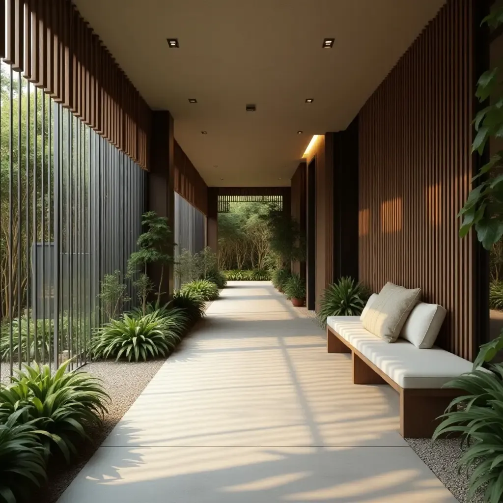 a photo of a modern corridor with a sleek bench and greenery