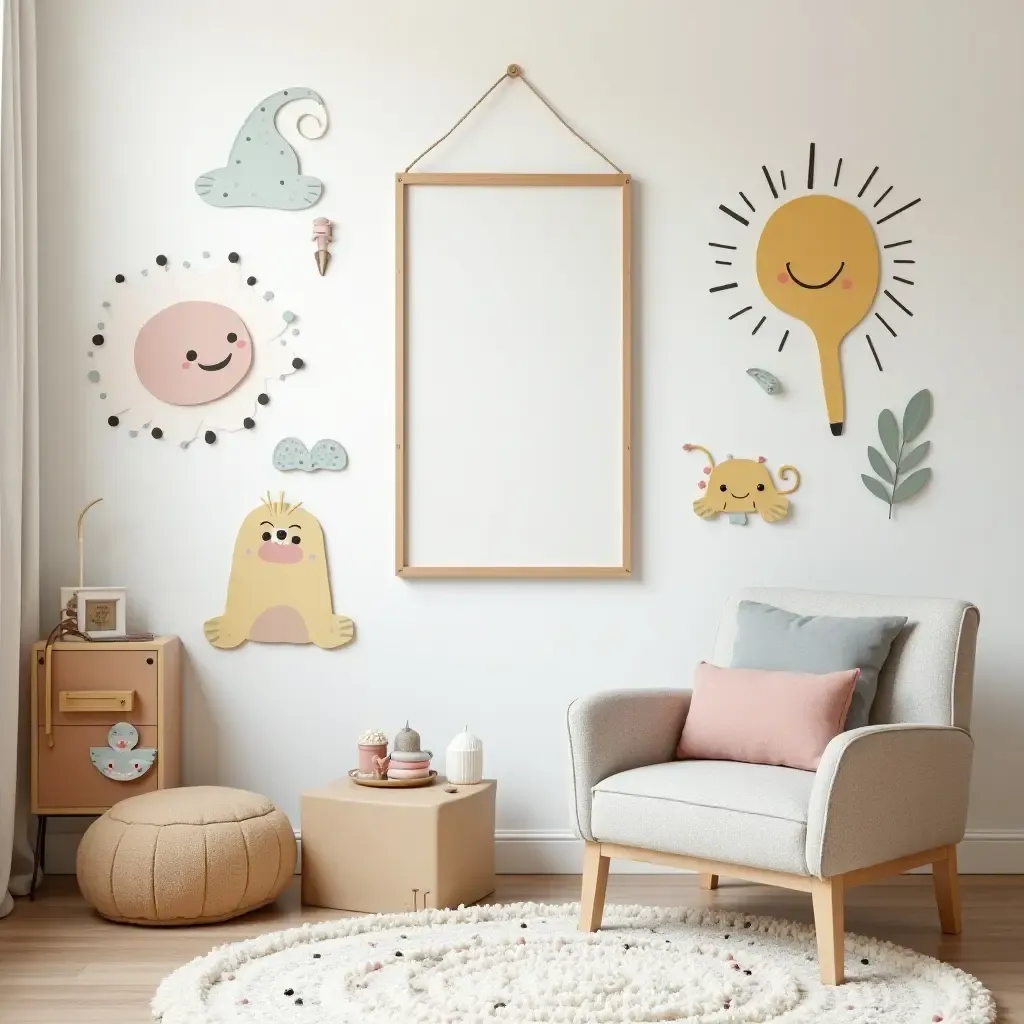 a photo of a whimsical children&#x27;s room with playful wall art