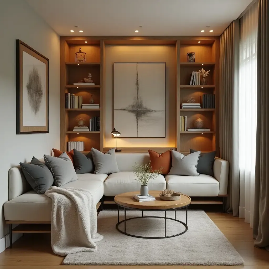 a photo of a basement reading nook with metallic accents