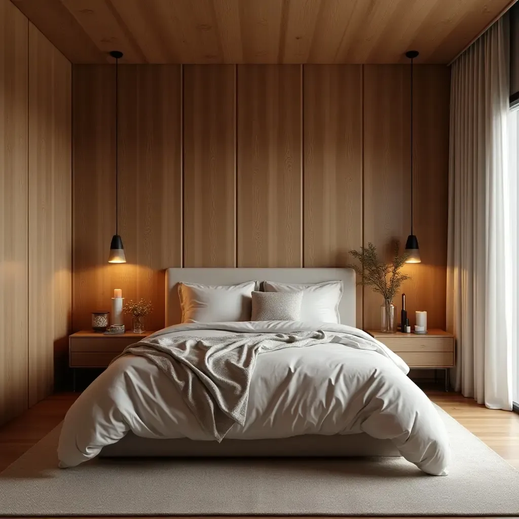 a photo of a bedroom with wooden panels and warm decor