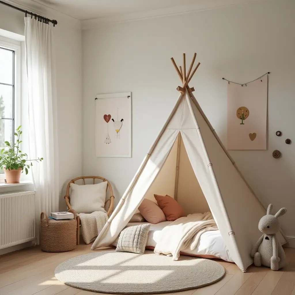 a photo of a playful bedroom layout with a tent and imaginative decor