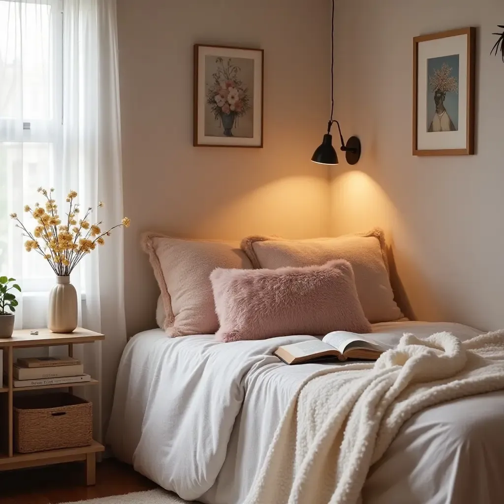 a photo of a cozy reading nook in a teen&#x27;s room with plush throw pillows