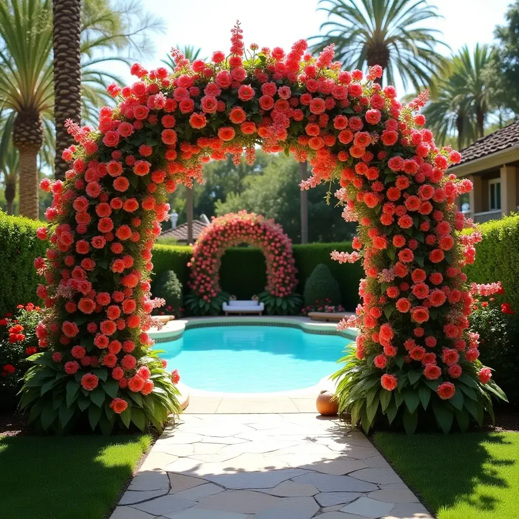 a photo of a whimsical flower archway leading to the pool area