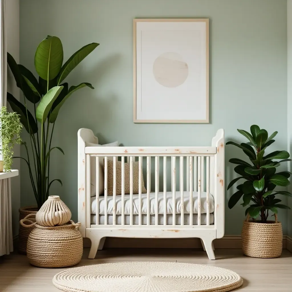 a photo of a nursery showcasing a vintage crib surrounded by greenery