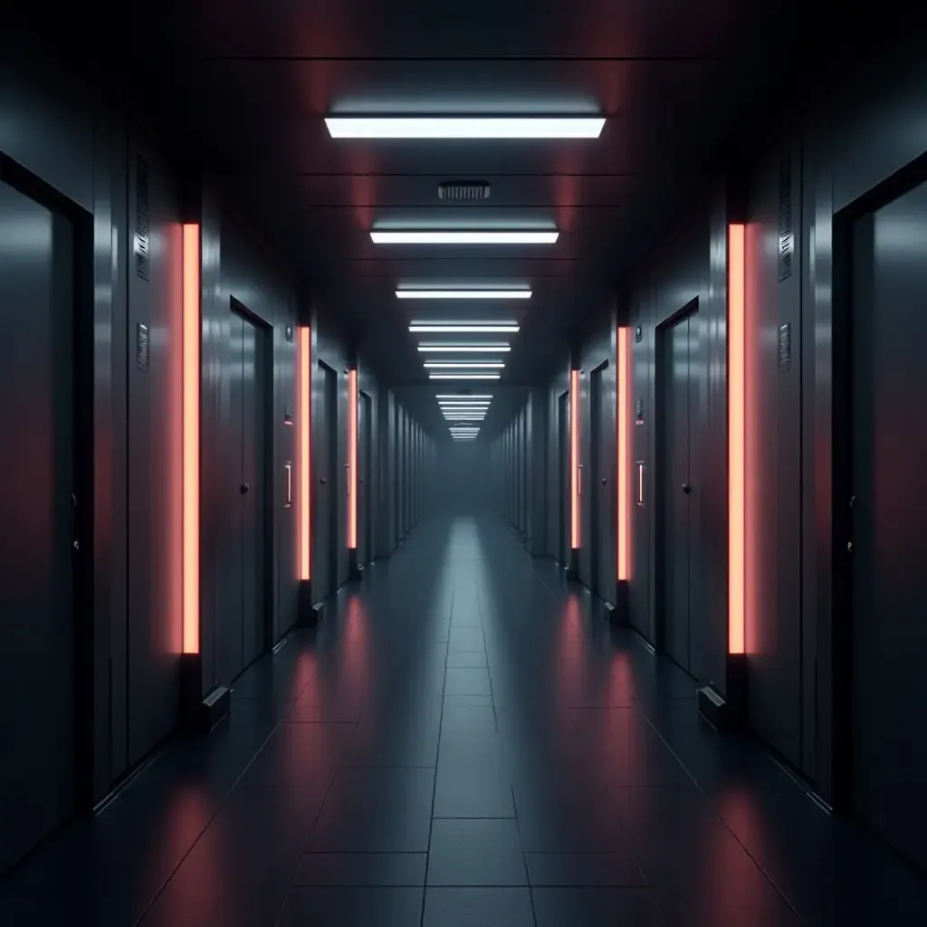 a photo of a futuristic corridor with glowing panels