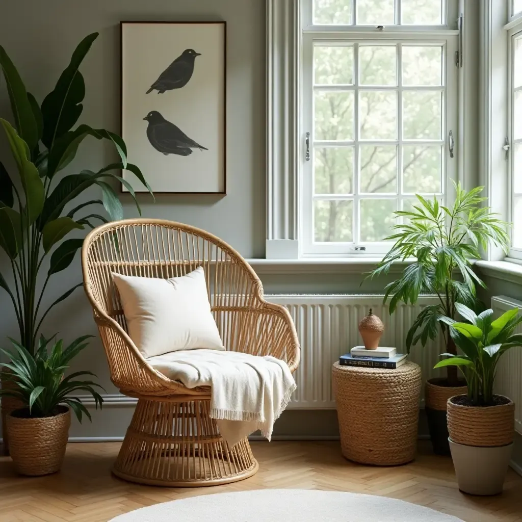 a photo of a chic corner with a rattan chair and lush greenery